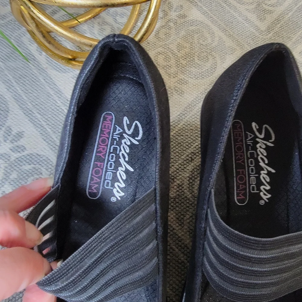 Women's Black Mary Jane Wedge Shoes with Elastic Strap Size 7.5